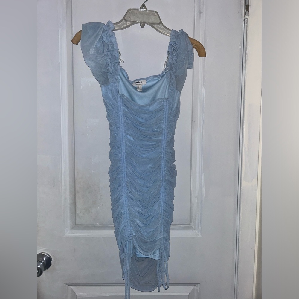 light blue ruffled tight fit mini dress